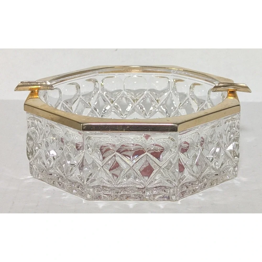 Vintage Hofbauer Byrdes Ruby Red Clear Cut Crystal and Brass Octagon Ashtray